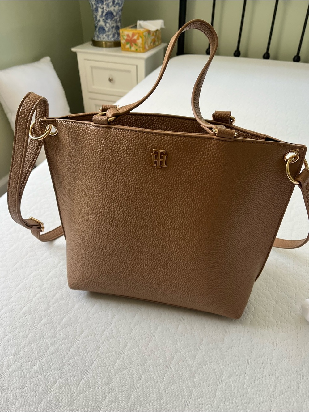 Tommy Hilfiger Brown Pebbled Leather Shoulder Bag with Gold Hardware